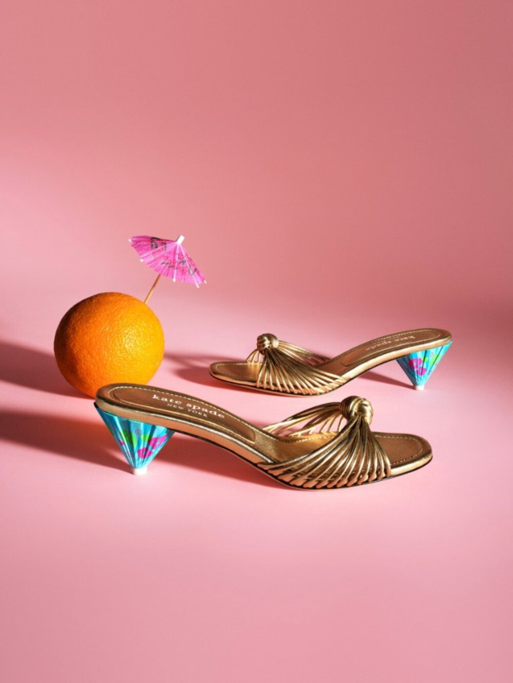 New kate spade Gold Metallic Knotted Tiki Sandals with Turquoise Floral Heel 6.5